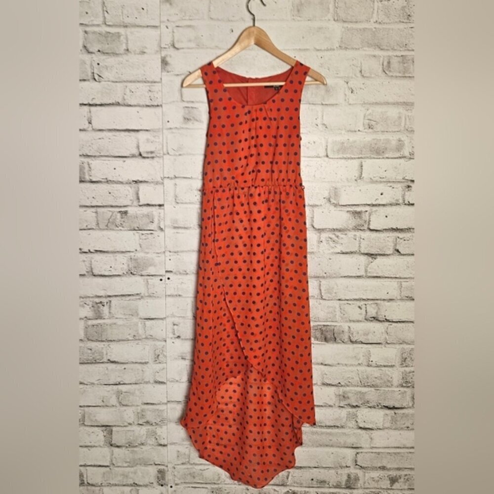 Bedo Red Polka Dot High Low Chiffon Dress Sleeveless Flowy Size Medium